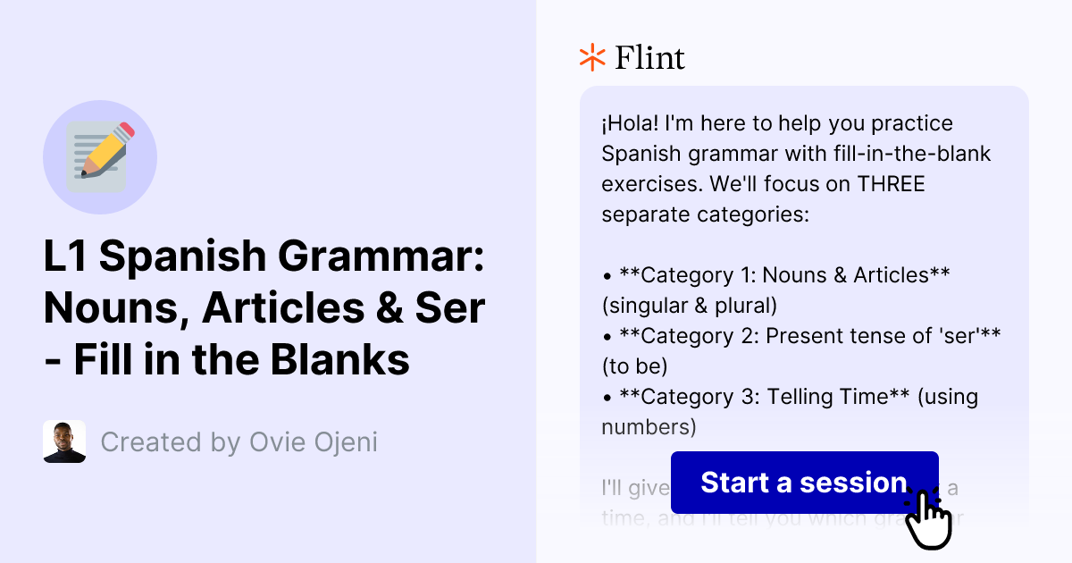 L1 Spanish Grammar: Nouns, Articles & Ser - Fill in the Blanks | Flint